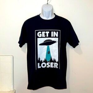 Unisex “Get in Loser” Alien Abduction Black Graphic Tee